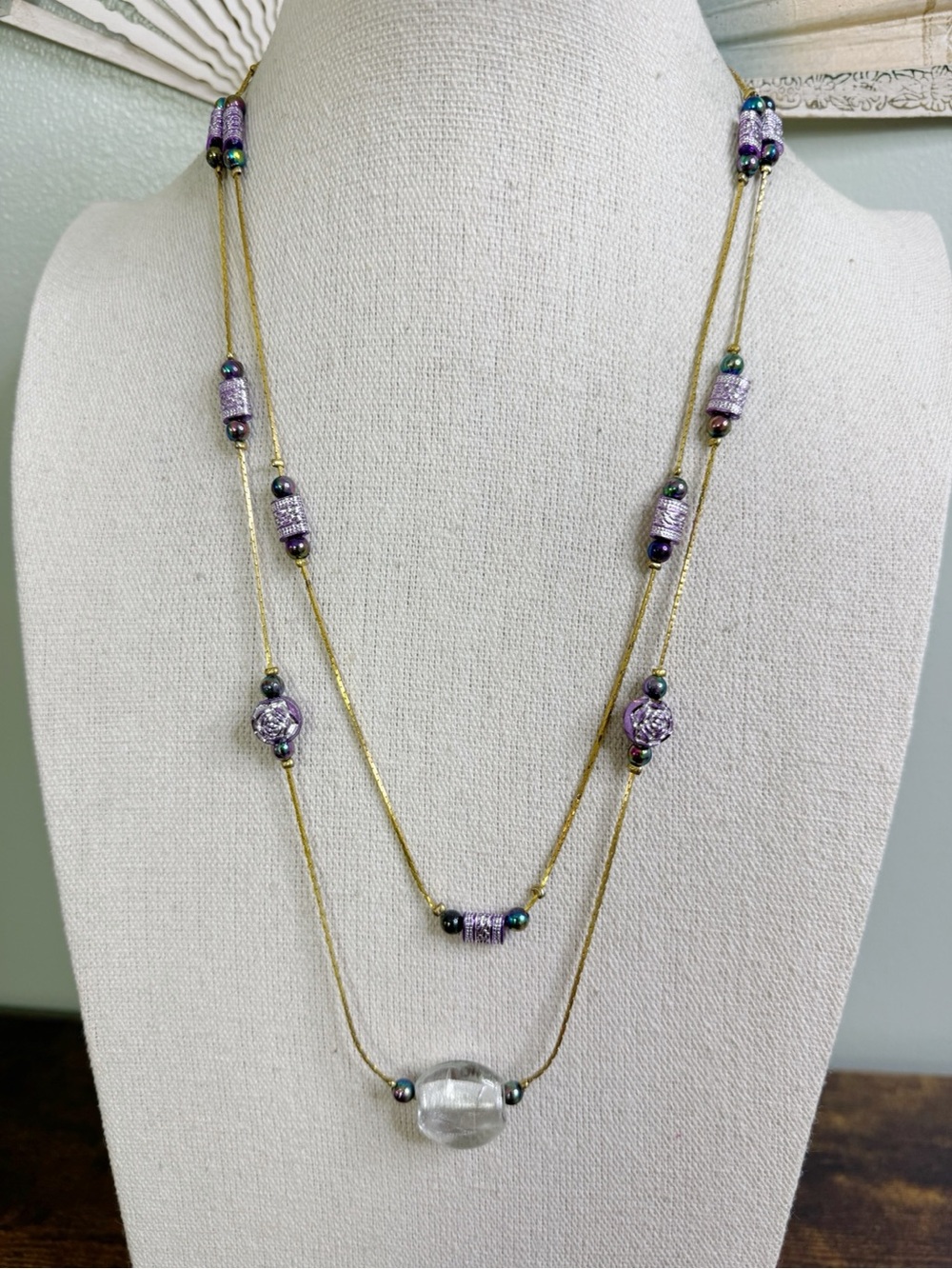 Gold Double-Strand Necklace with Purple Beads and Clear Glass Bead